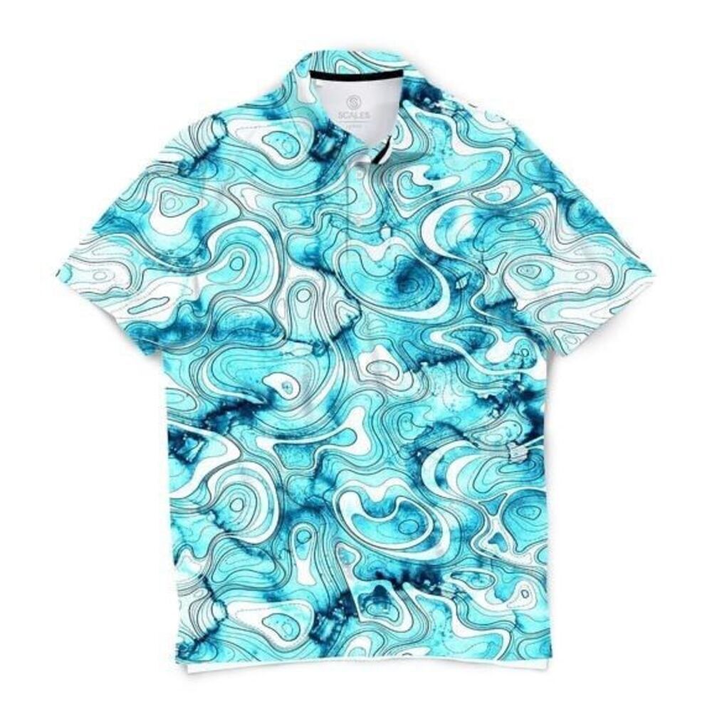 SCALES NWT Topo Golf Polo, Small, Aqua Wash Blue